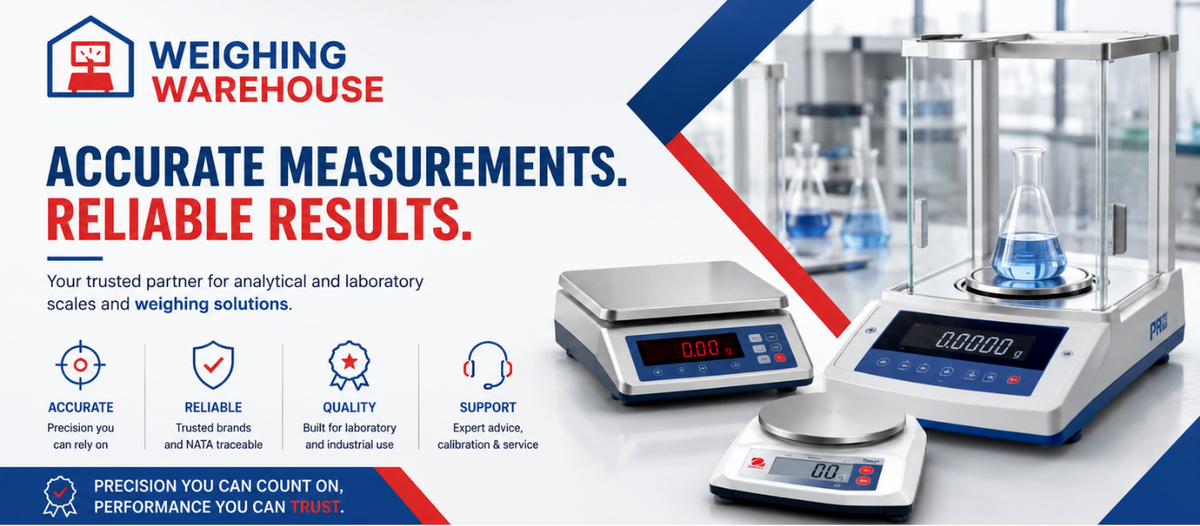 Promotional graphic for Weighing Warehouse analytical and laboratory scales, showing several digital balance devices with beakers on a white background with blue and red design elements and marketing text.